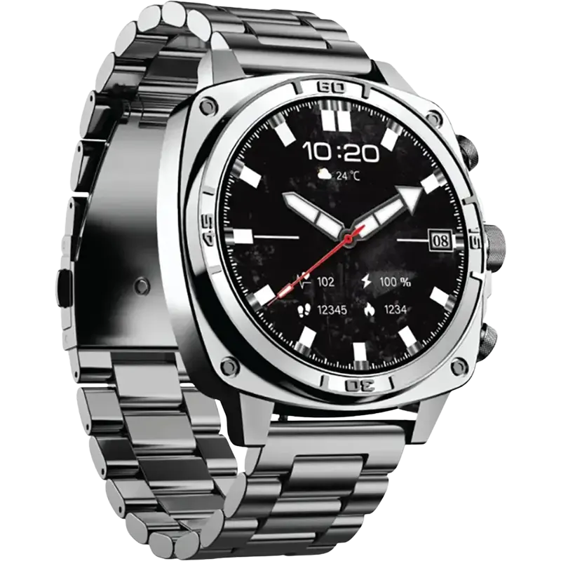 Porodo Chrono Steel Amoled 1.43 Smart Watch Silver Dial Wireless Charging with Adjustable Tool + Metal Strap Mascom International.webp